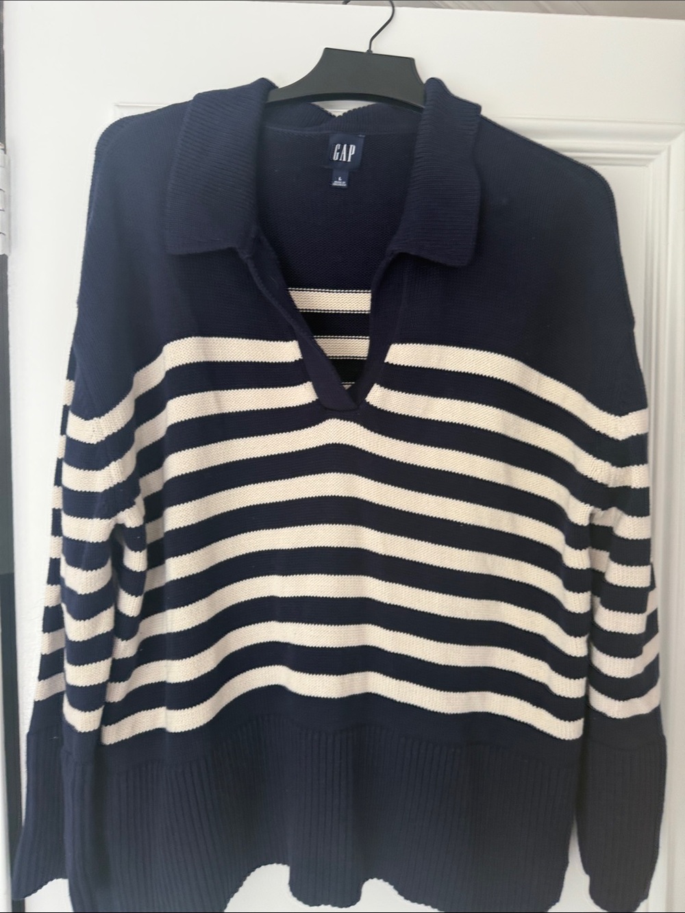GAP Navy and Cream Striped Polo-Style Sweater